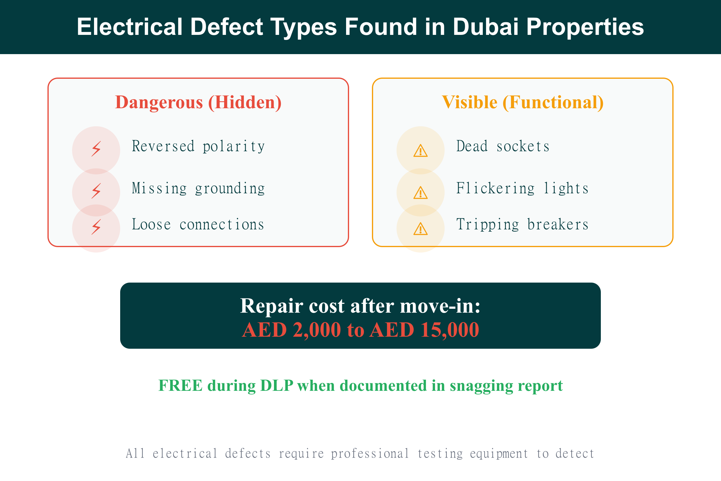 Electrical defect types found in common defects Dubai property inspections showing hidden vs visible faults