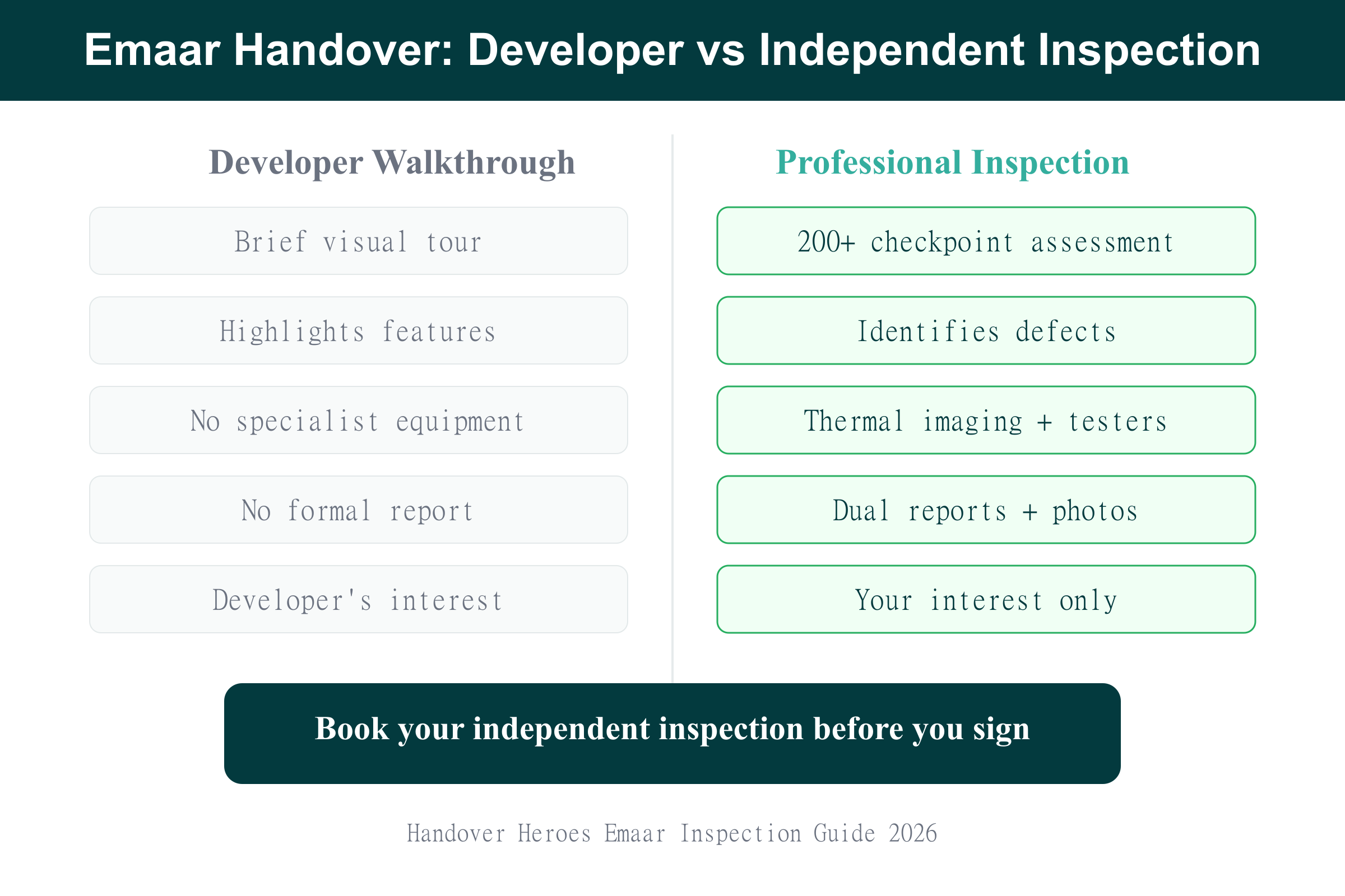 Comparison of Emaar developer walkthrough versus professional Emaar handover inspection