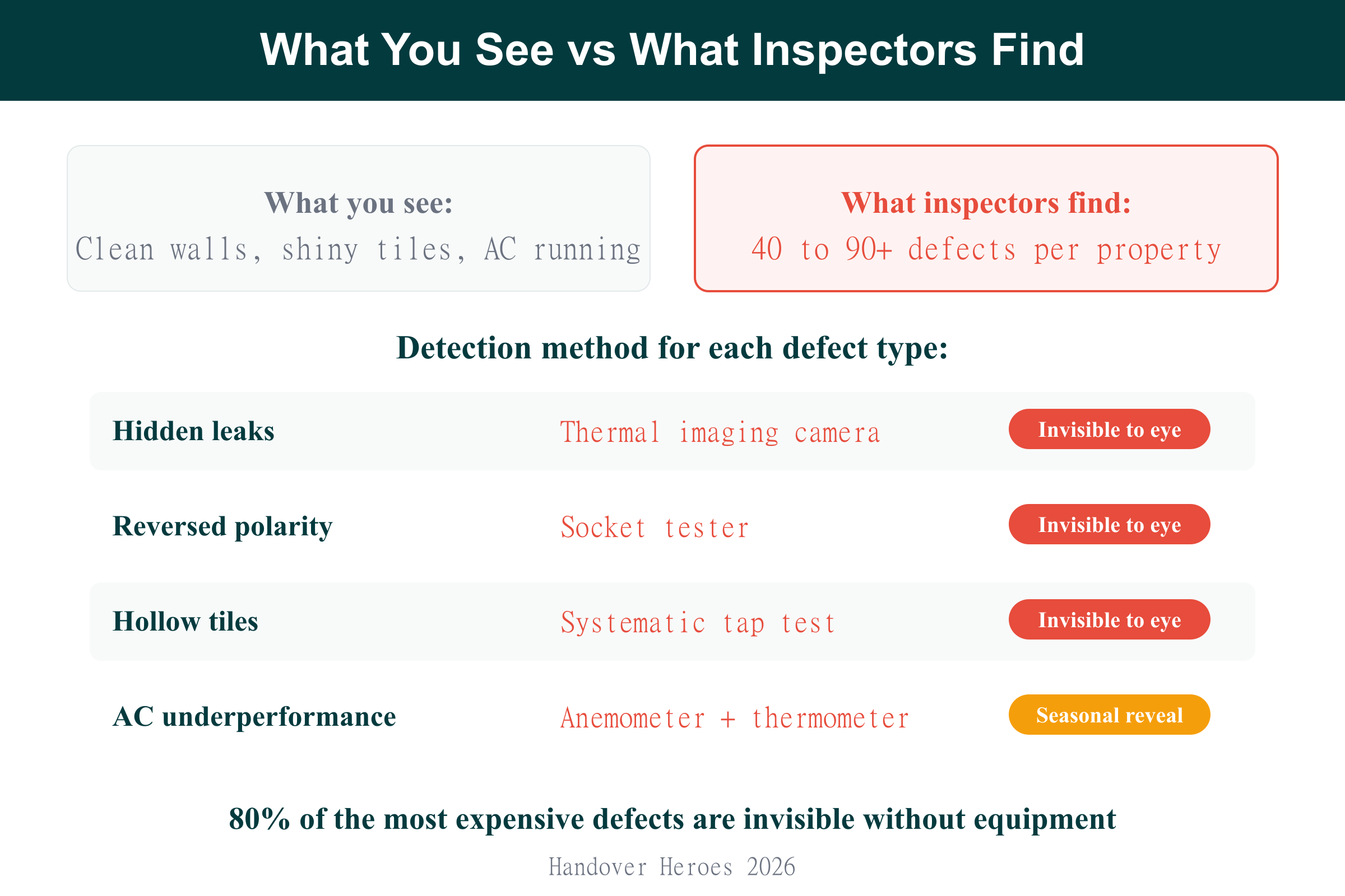 Chart showing hidden defects that only professional property snagging inspectors can detect in Dubai