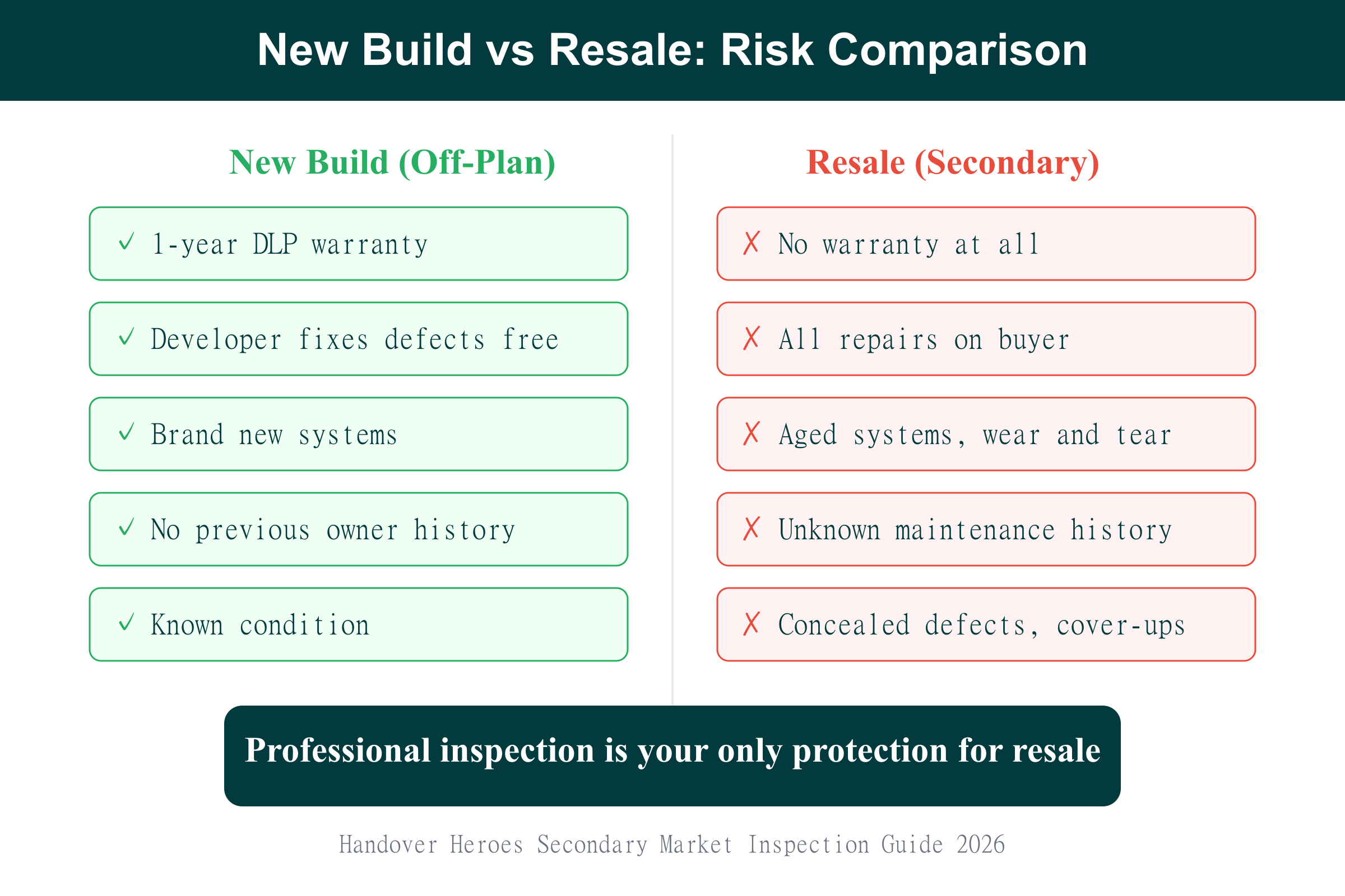 Comparison chart of new build versus resale property inspection risks in Dubai