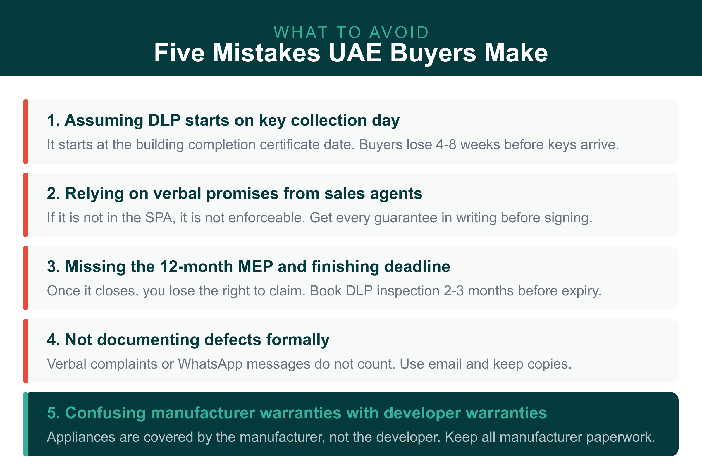 Five common mistakes UAE buyers make on DLP warranty vs developer guarantee claims