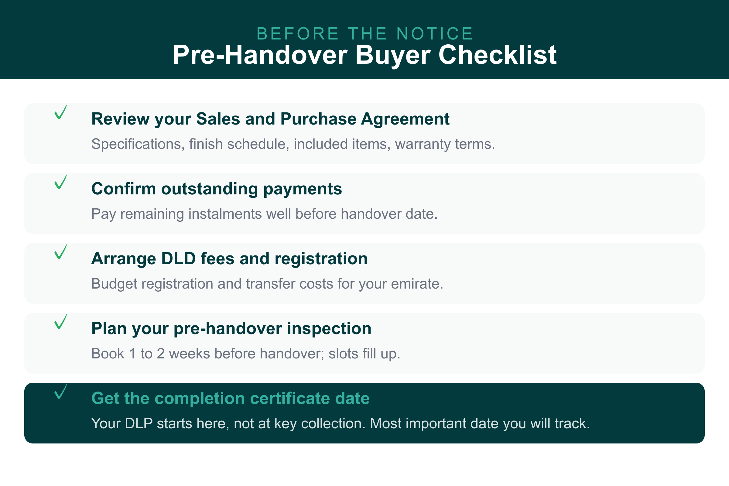 Off plan property handover UAE pre-handover checklist: SPA, payments, DLD fees, inspection, completion date