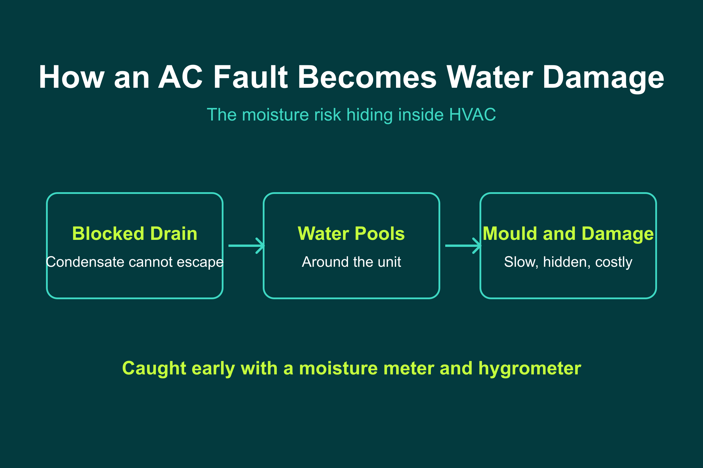 How an AC Fault Becomes Water Damage How an AC fault becomes water damage: a blocked condensate drain leads to pooling water then mould and damage