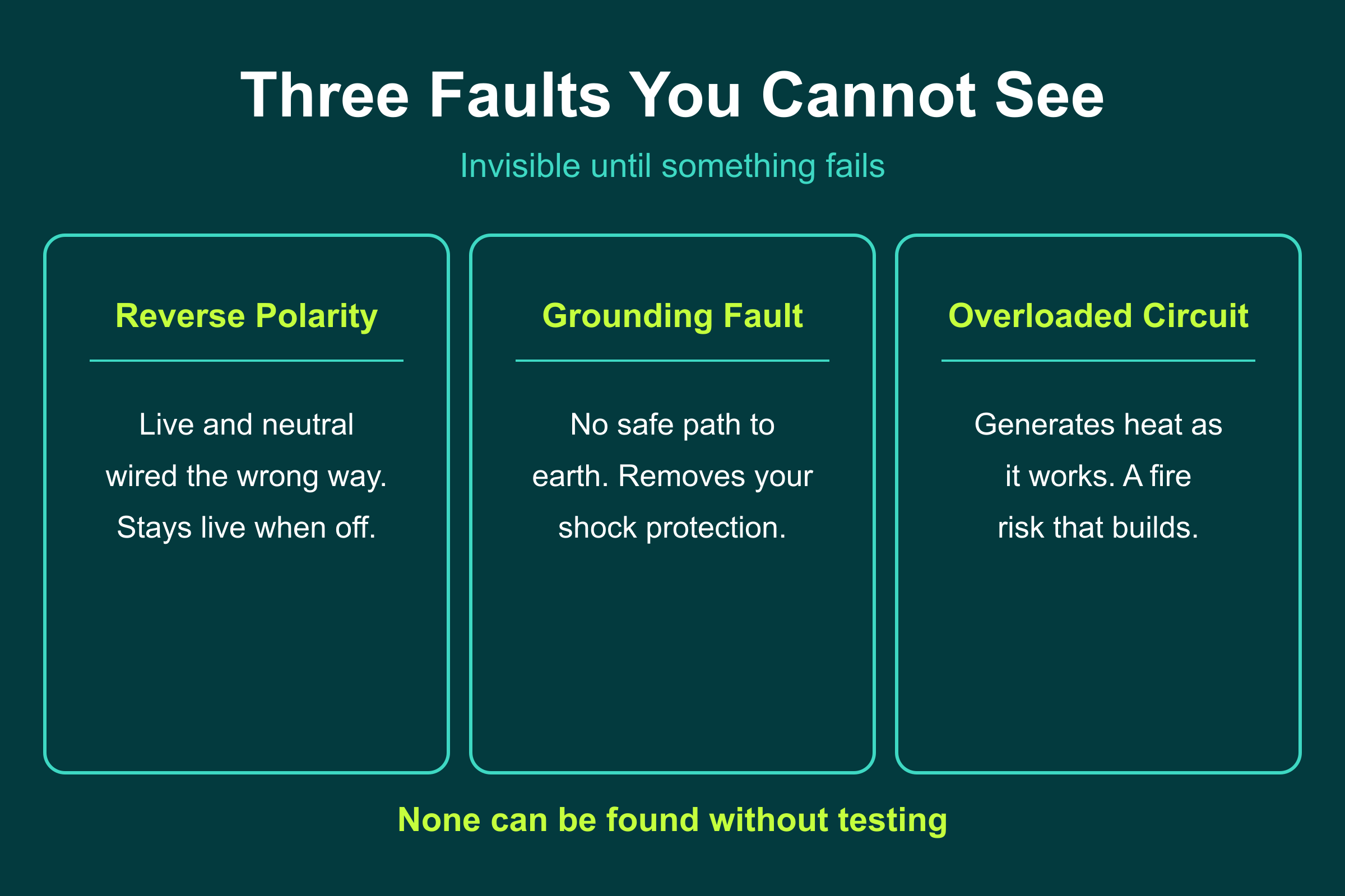 Three invisible electrical faults found in snagging: reverse polarity, grounding fault, and overloaded circuit