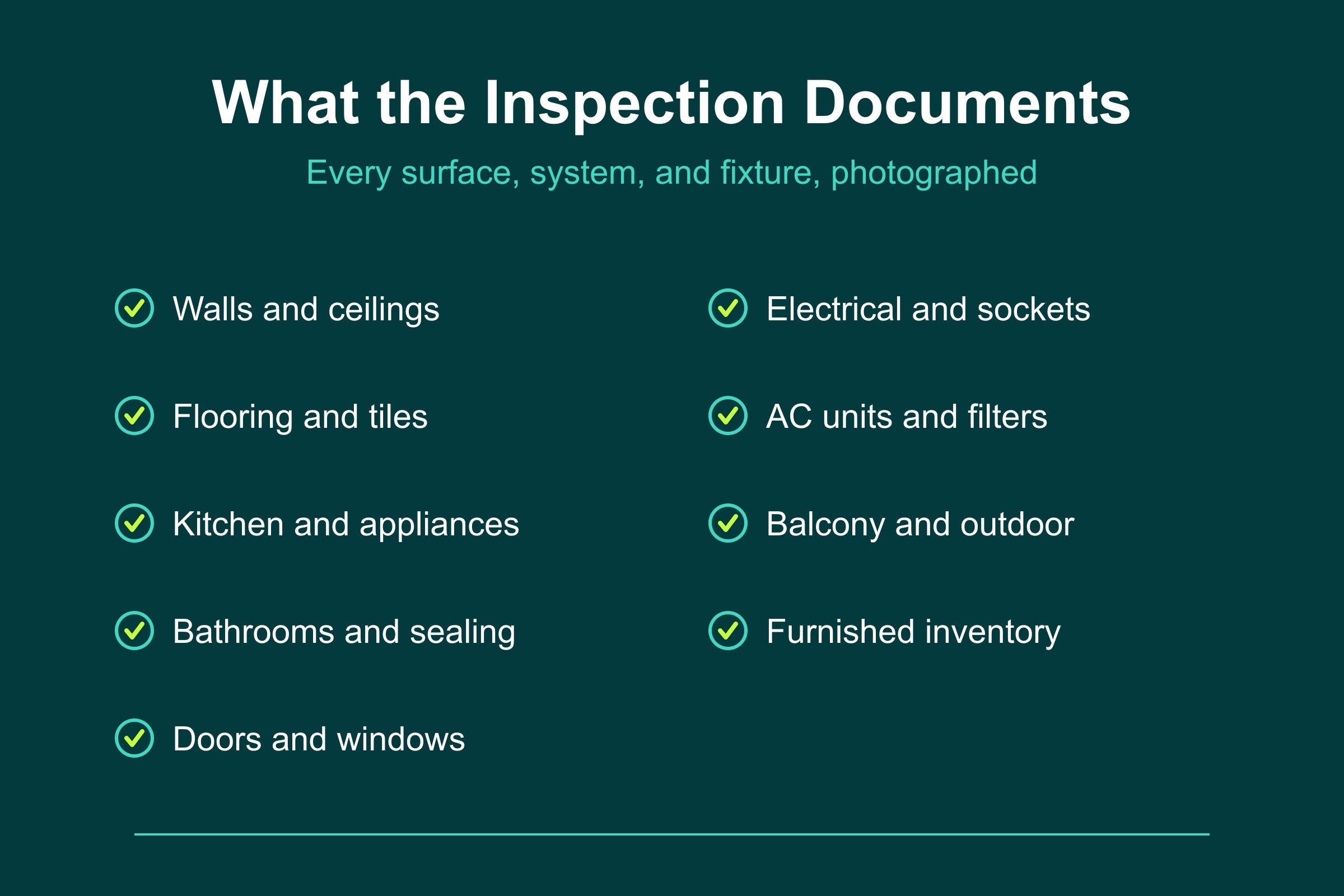 What a move-in inspection in the UAE covers: walls, floors, kitchen, bathrooms, electrical, AC, and furnished inventory