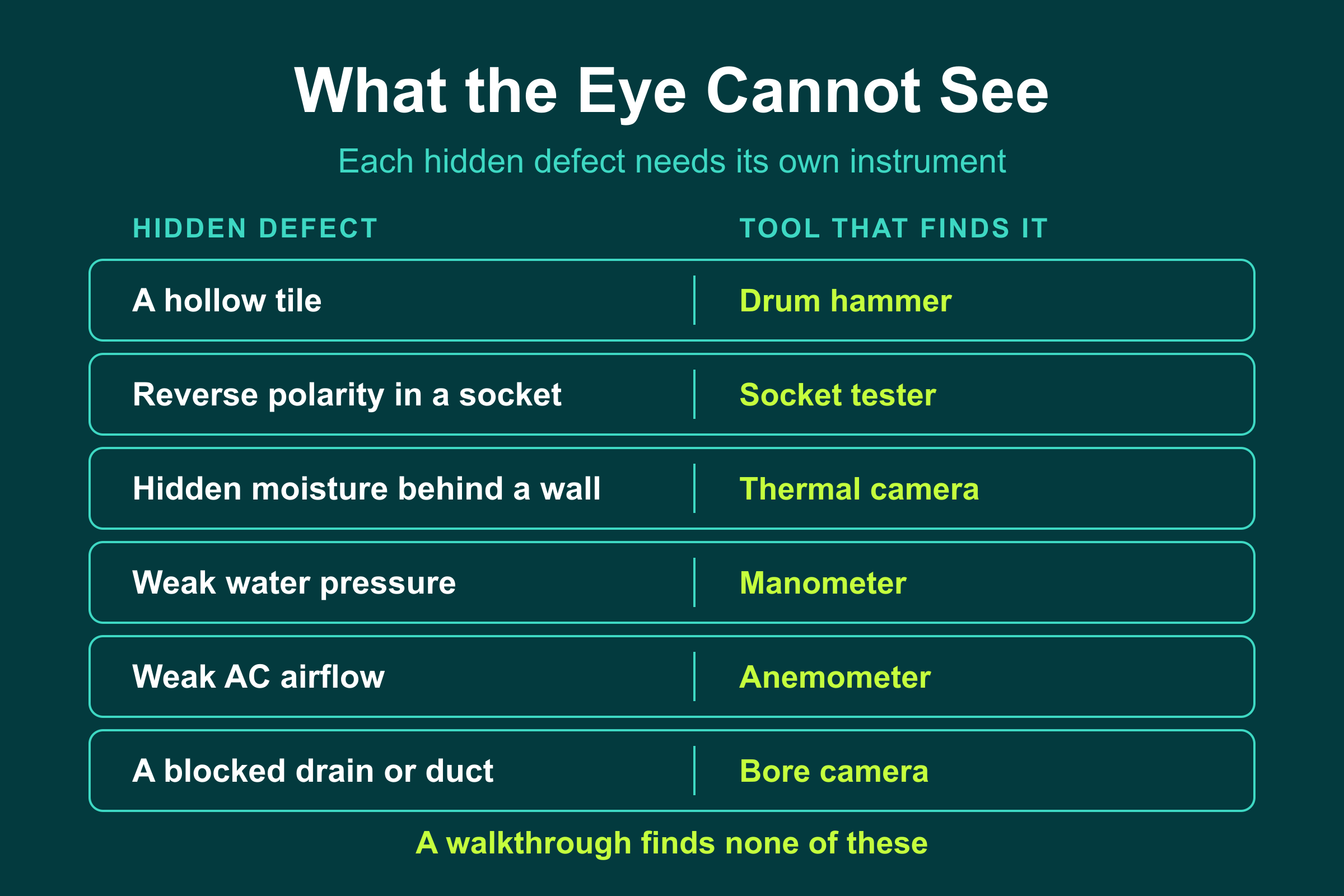 What the Eye Cannot See What a DIY walkthrough cannot find: each hidden defect and the calibrated snagging tool that reveals it