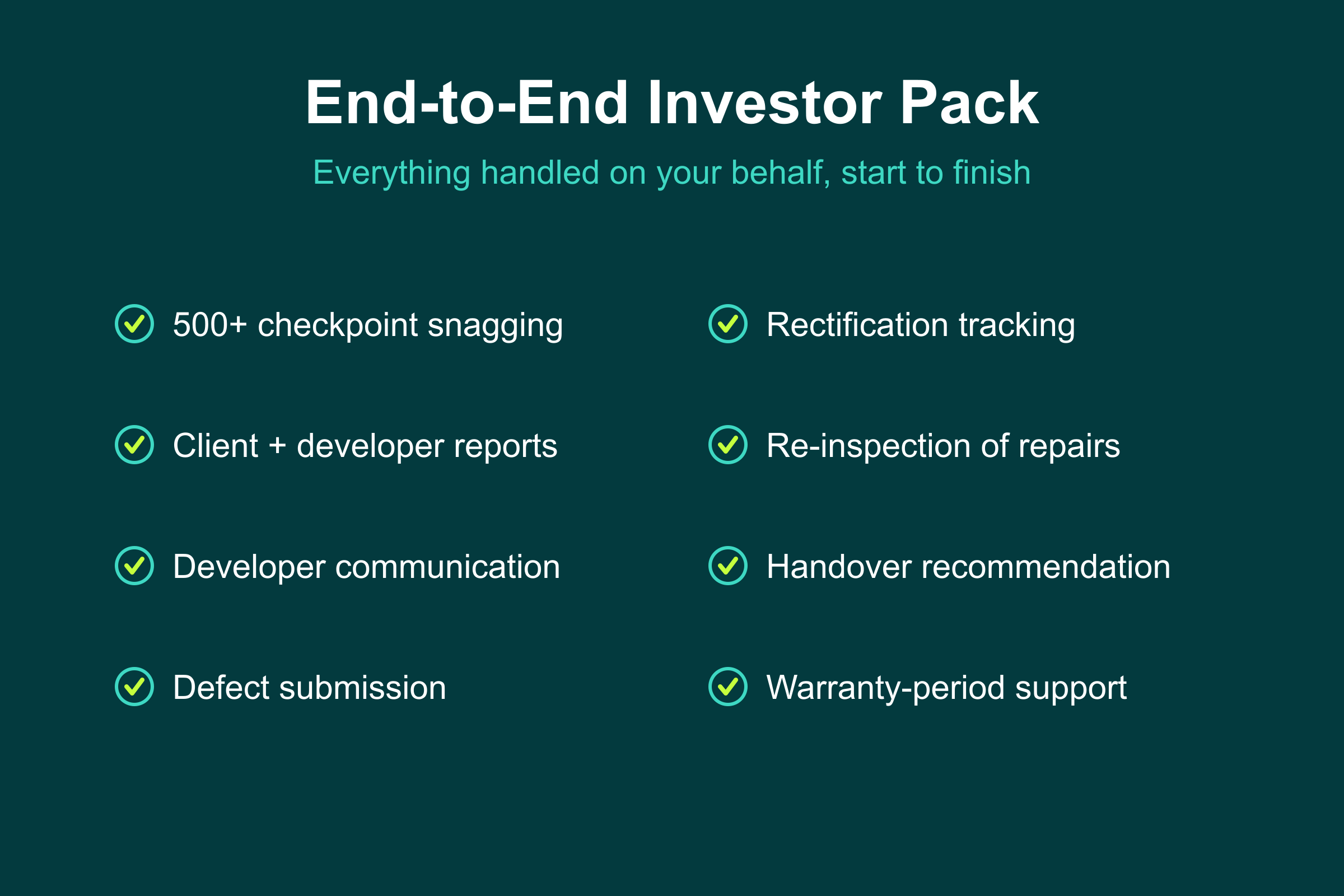 End-to-End Investor Pack scope for overseas UAE investors: snagging, reporting, developer submission, and re-inspection