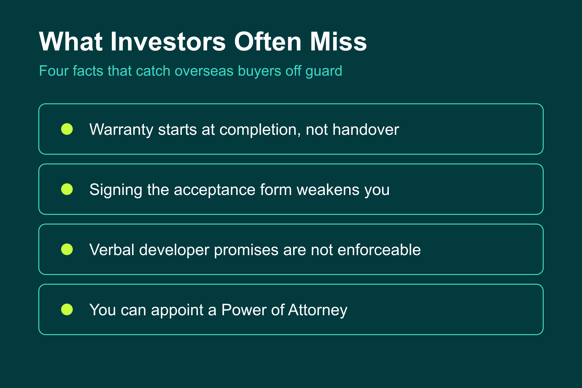 What overseas UAE property investors often miss: warranty start date, acceptance form risk, and Power of Attorney