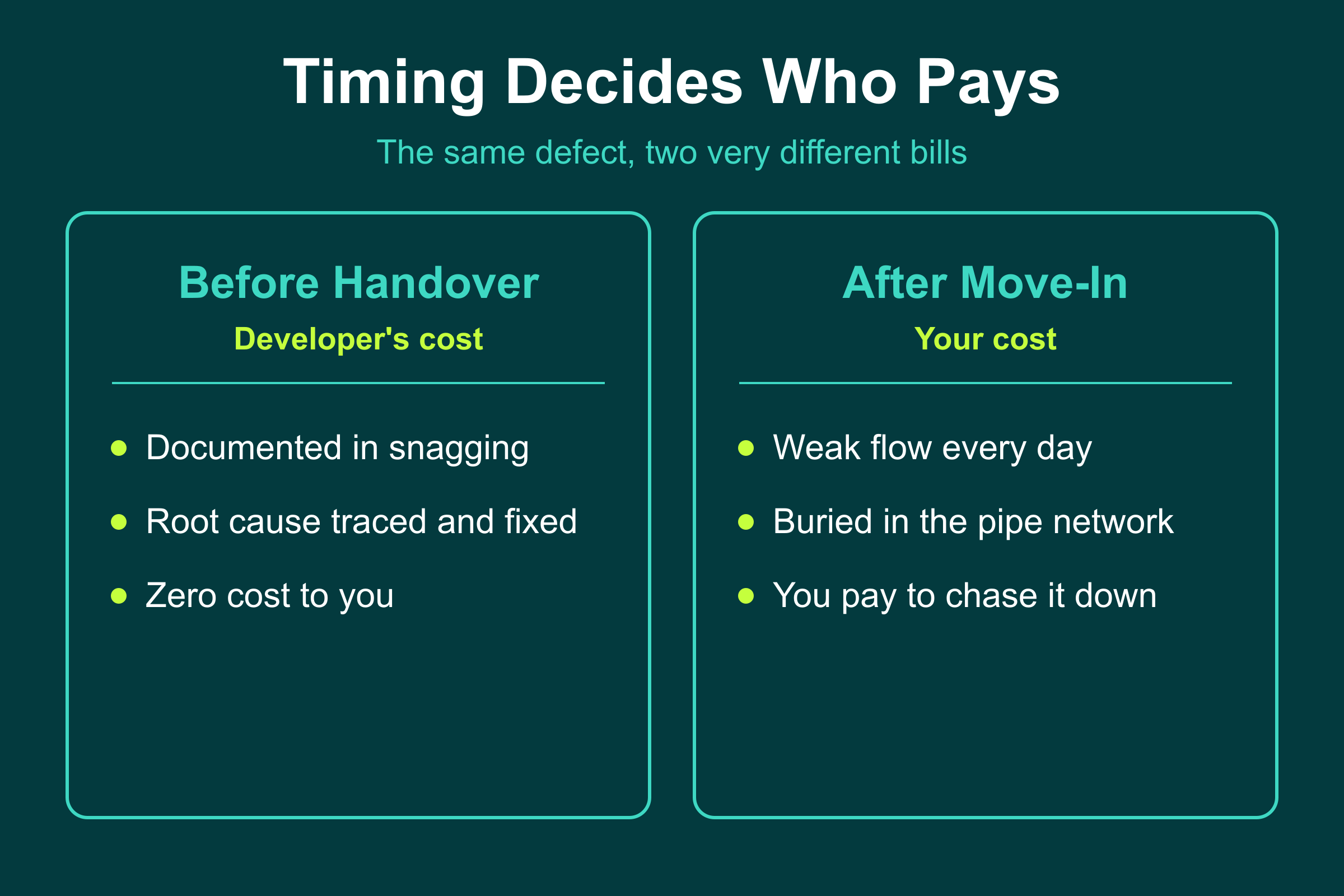 Timing Decides Who Pays Water pressure timing: documented before handover is the developer cost, discovered after move-in is your cost
