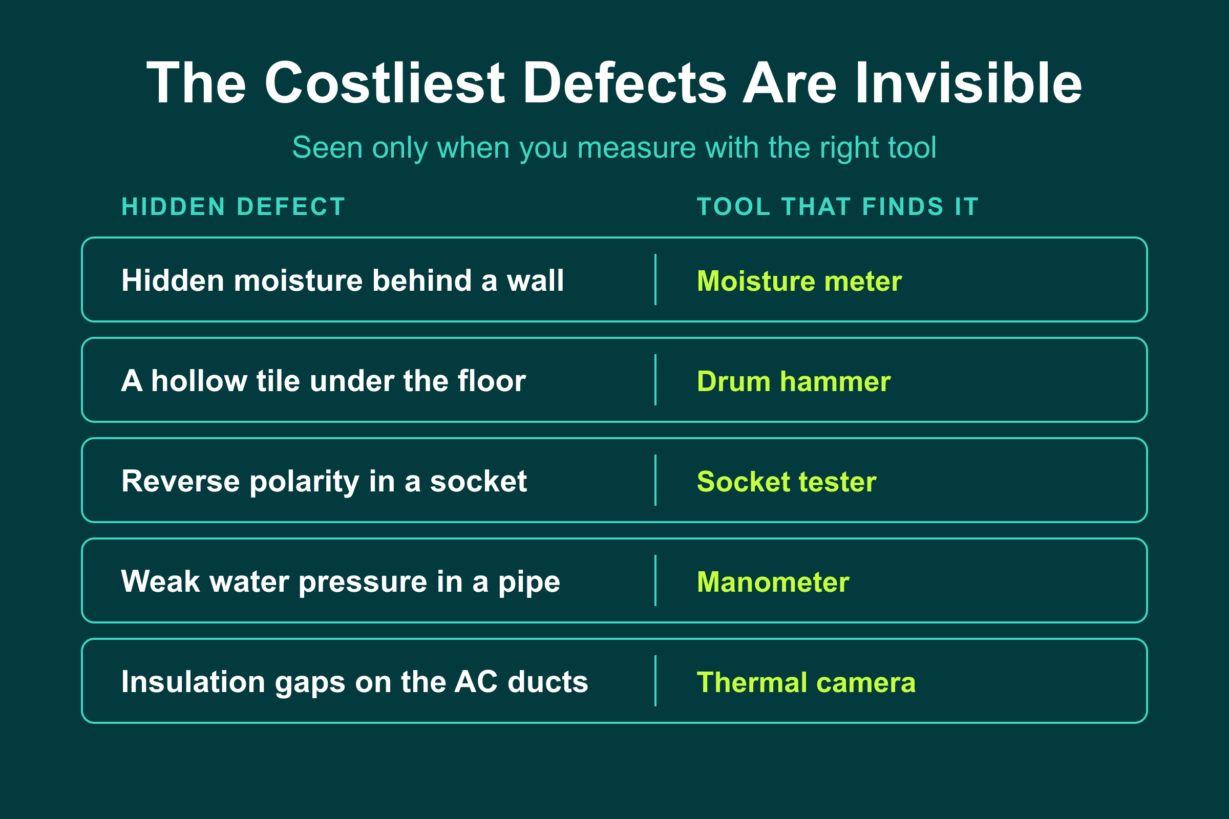 The Costliest Defects Are Invisible The costliest Dubai handover defects are invisible: moisture, hollow tiles, reverse polarity, water pressure, insulation gaps