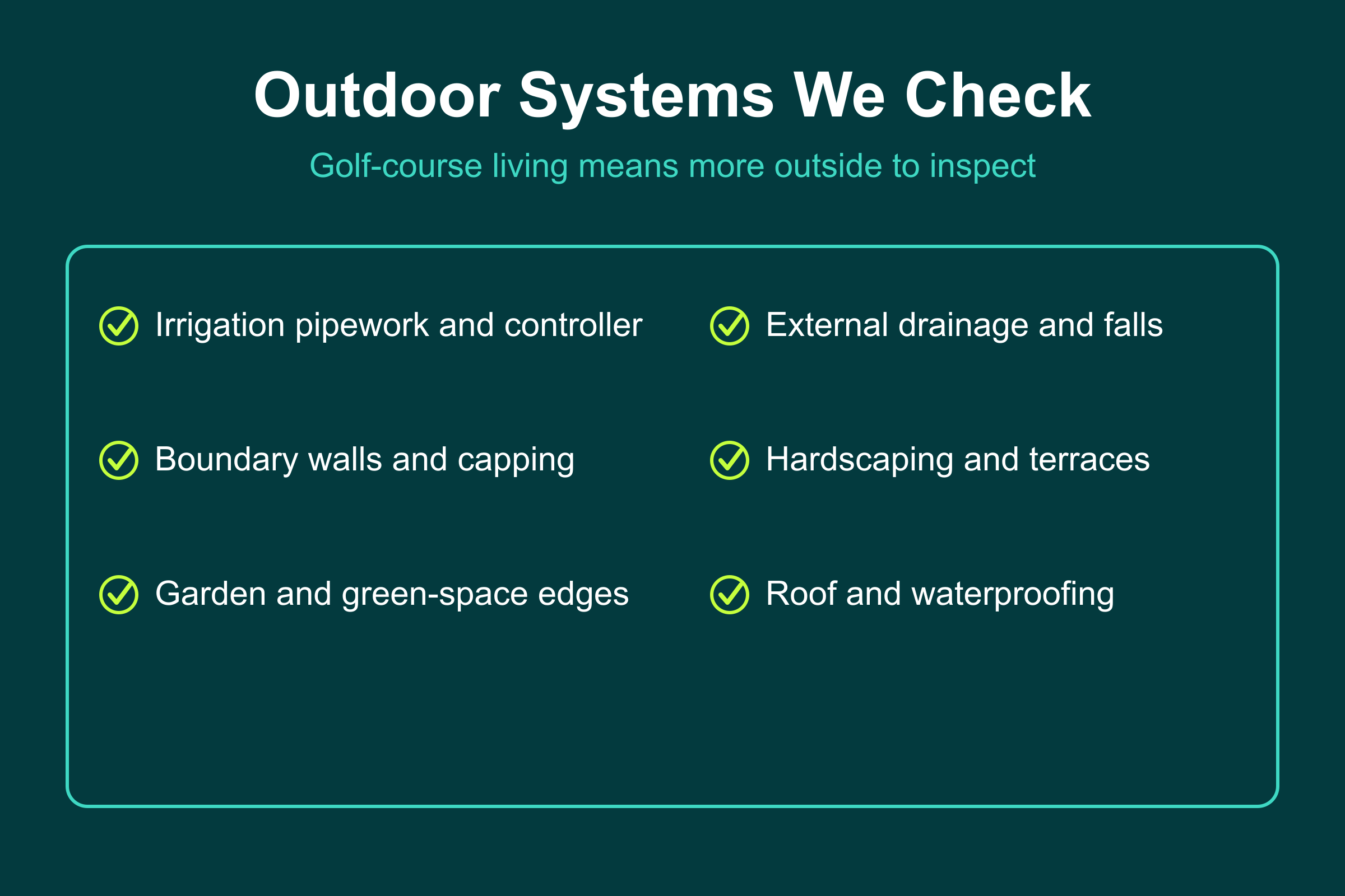 Outdoor systems a Fairway Villas golf-course snagging checks: irrigation, external drainage, boundary walls, hardscaping