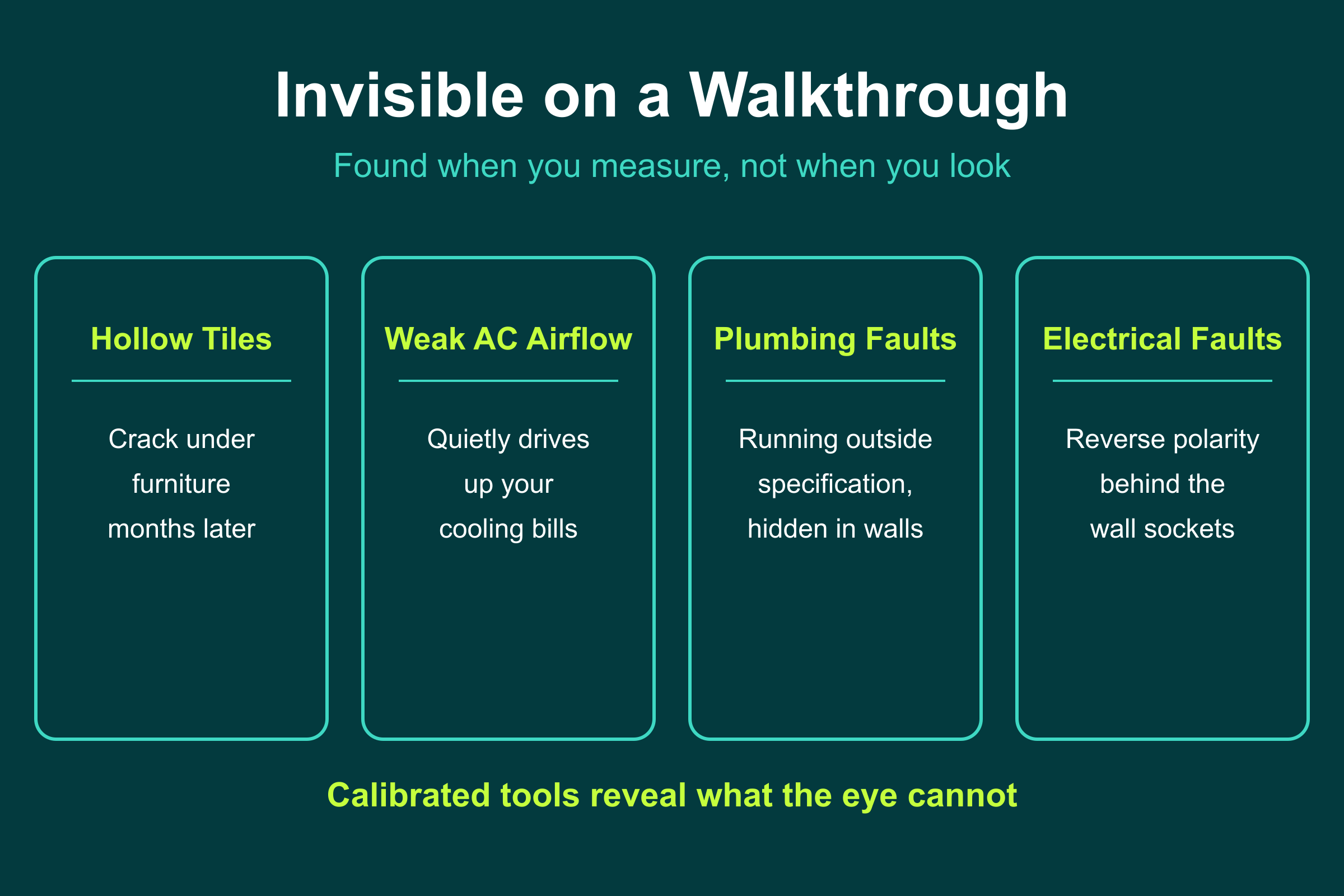 Hidden defects invisible on a Green Wood walkthrough: hollow tiles, weak AC airflow, plumbing and electrical faults