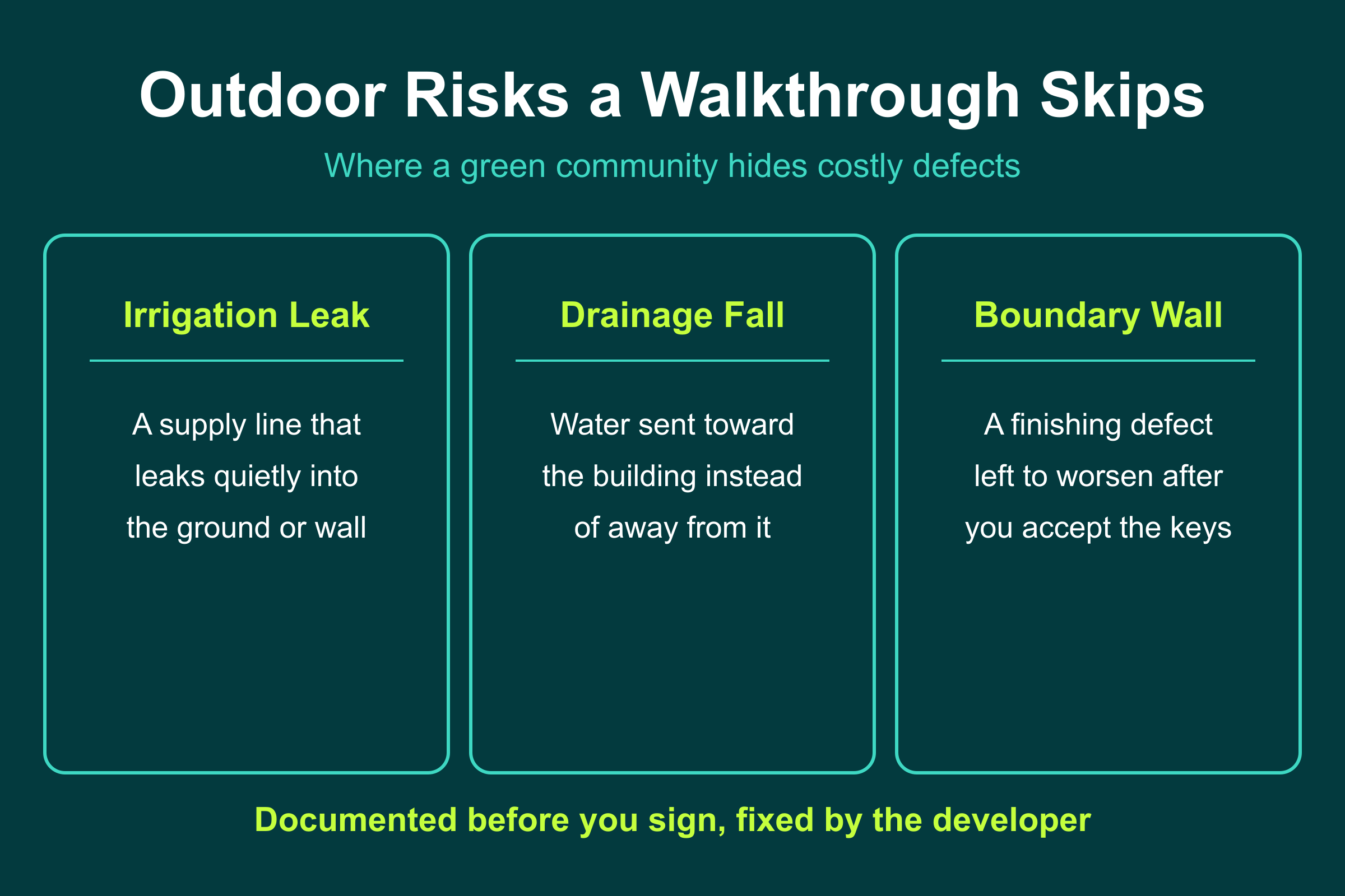 Outdoor Risks a Walkthrough Skips Outdoor risks a walkthrough skips in a Masaar green community: irrigation leaks, drainage falls, and boundary wall defects