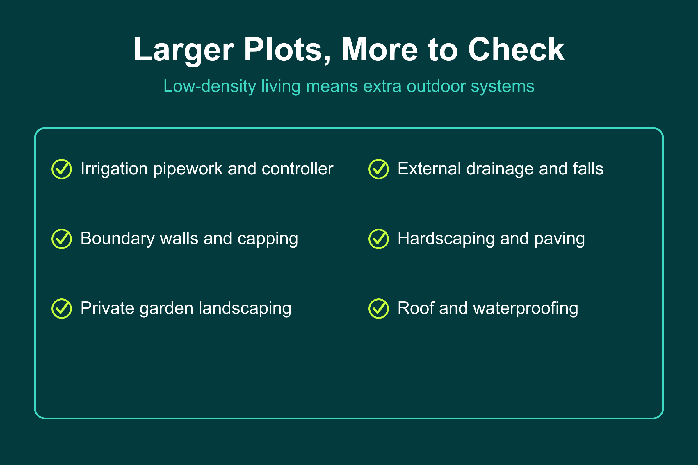 Larger Plots, More to Check Larger plots mean more to check: irrigation, external drainage, boundary walls, and hardscaping in a Nad Al Sheba Gardens villa