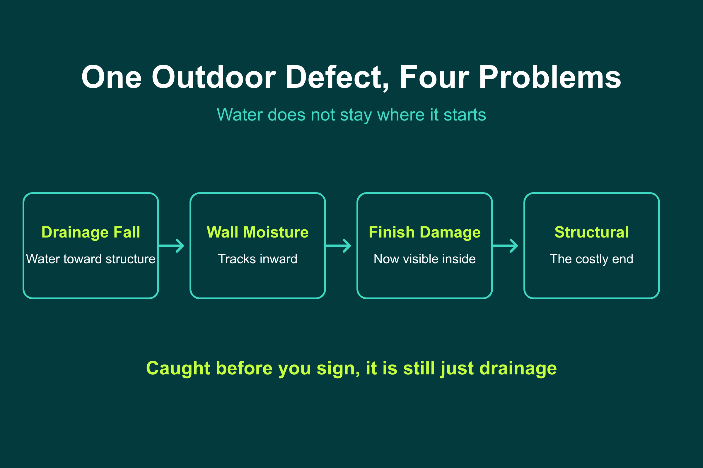 Why outdoor roof defects cost more: a drainage fall becomes wall moisture, then finish damage, then a structural problem