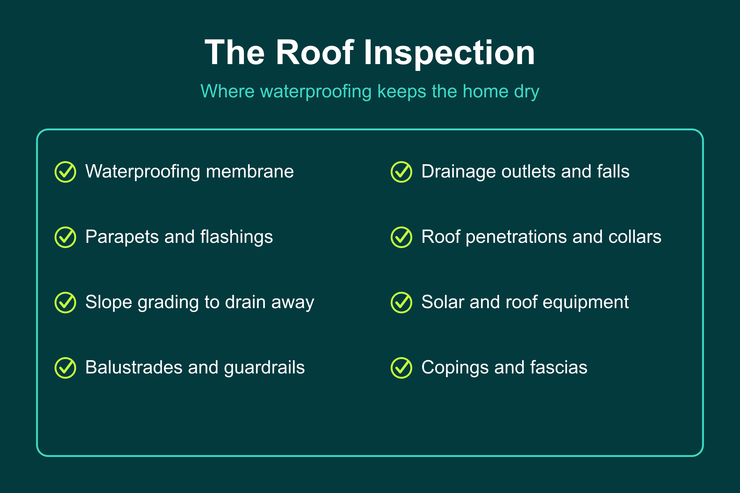 The roof inspection in a villa snagging: waterproofing, drainage falls, parapets, flashings, penetrations and copings