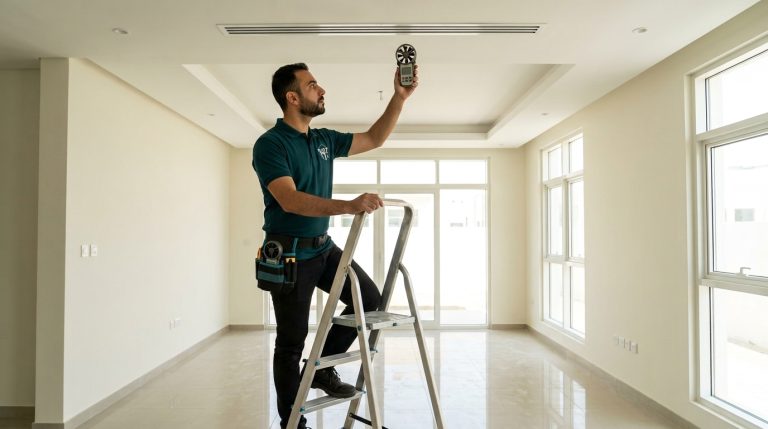 AC airflow snagging at a UAE handover: a working AC unit judged on airflow volume, not temperature
