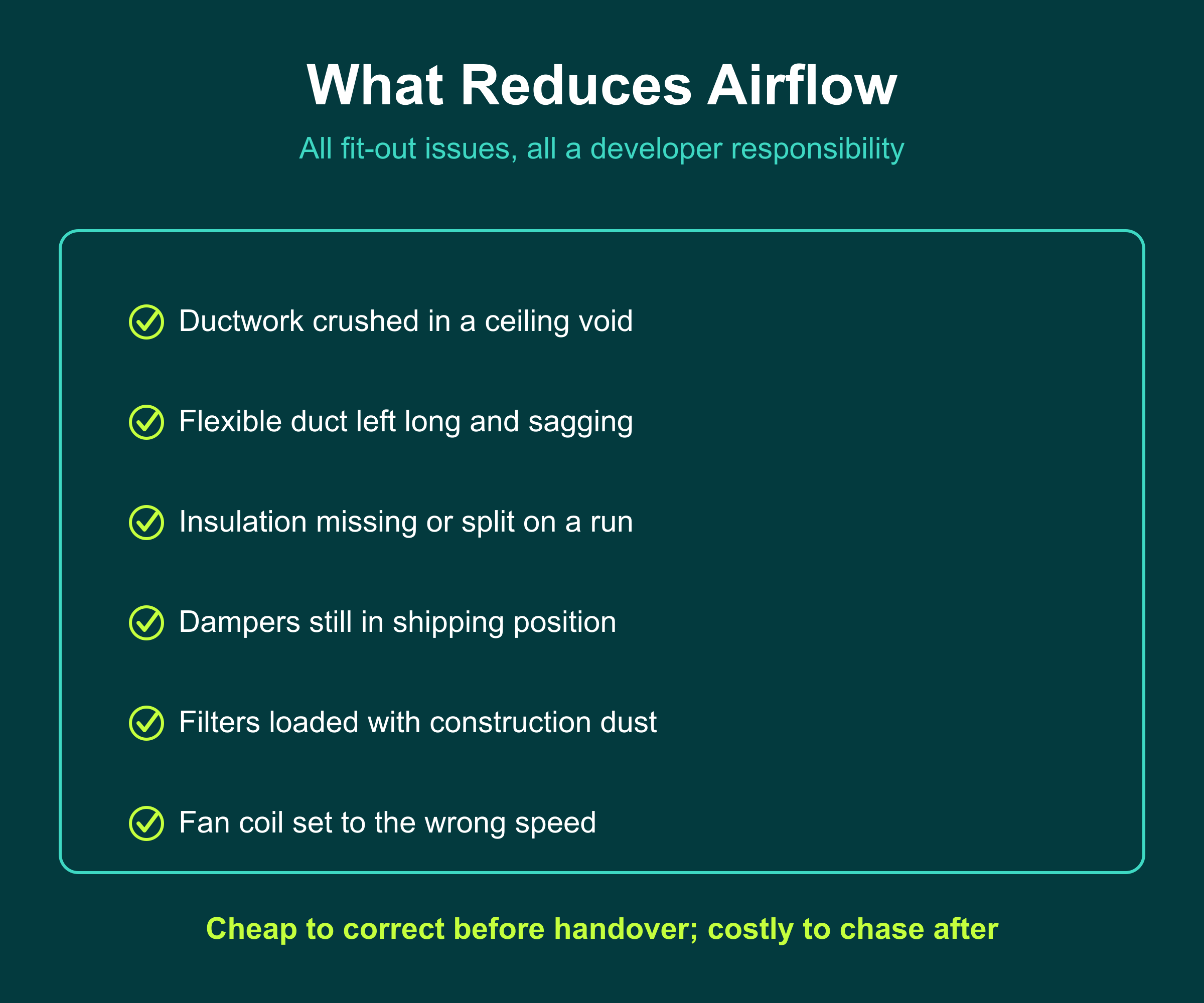 Common AC airflow defects in new UAE homes: crushed ducts, sagging flex duct, missing insulation, dampers in shipping position