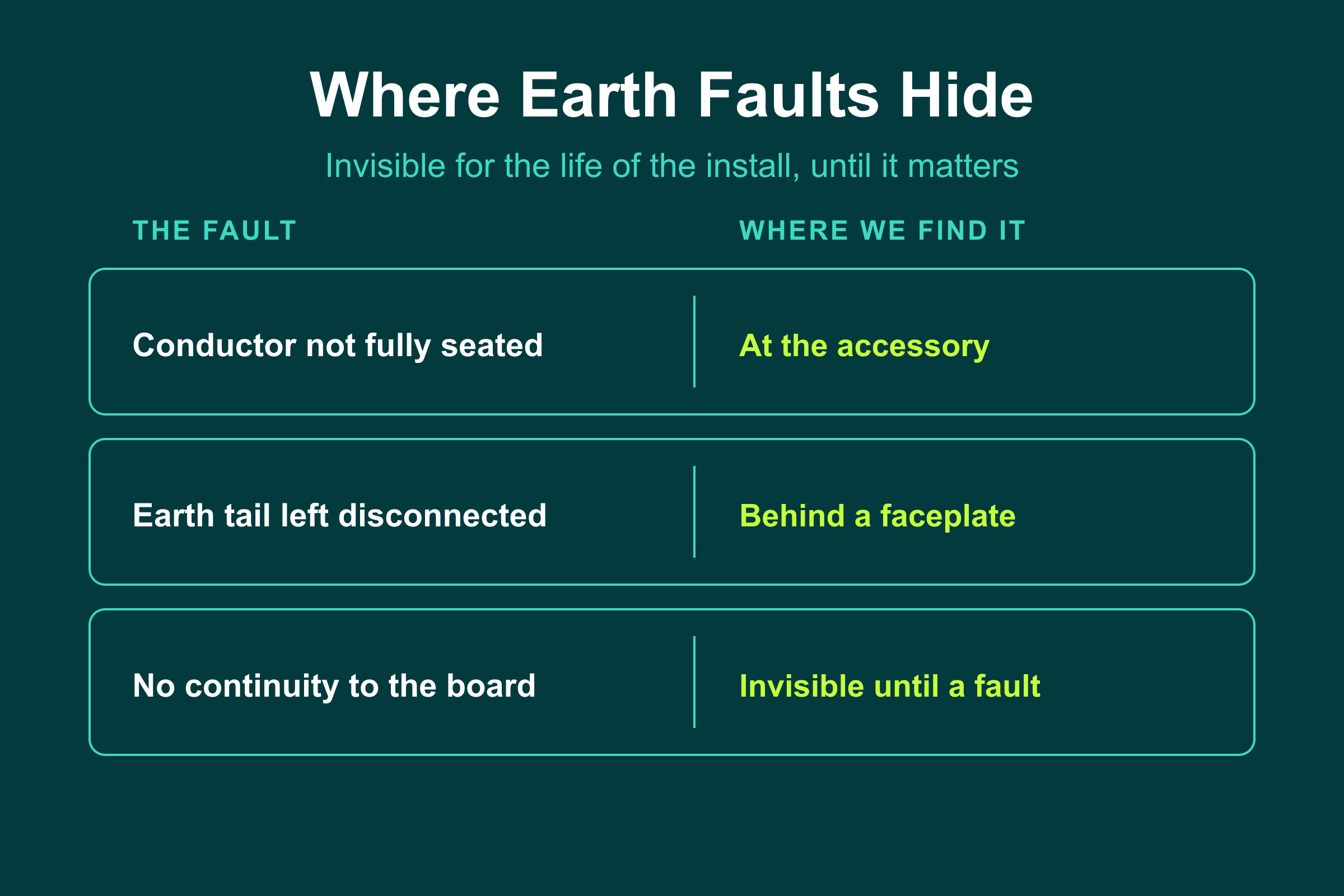 Where earth faults hide in a new property: a conductor not seated, an earth tail disconnected behind a faceplate, no continuity