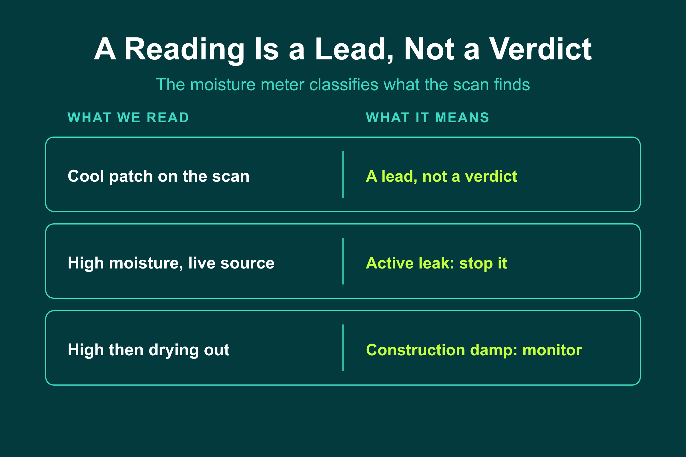 A moisture meter classifies a thermal lead: an active leak to stop versus construction damp that only needs monitoring