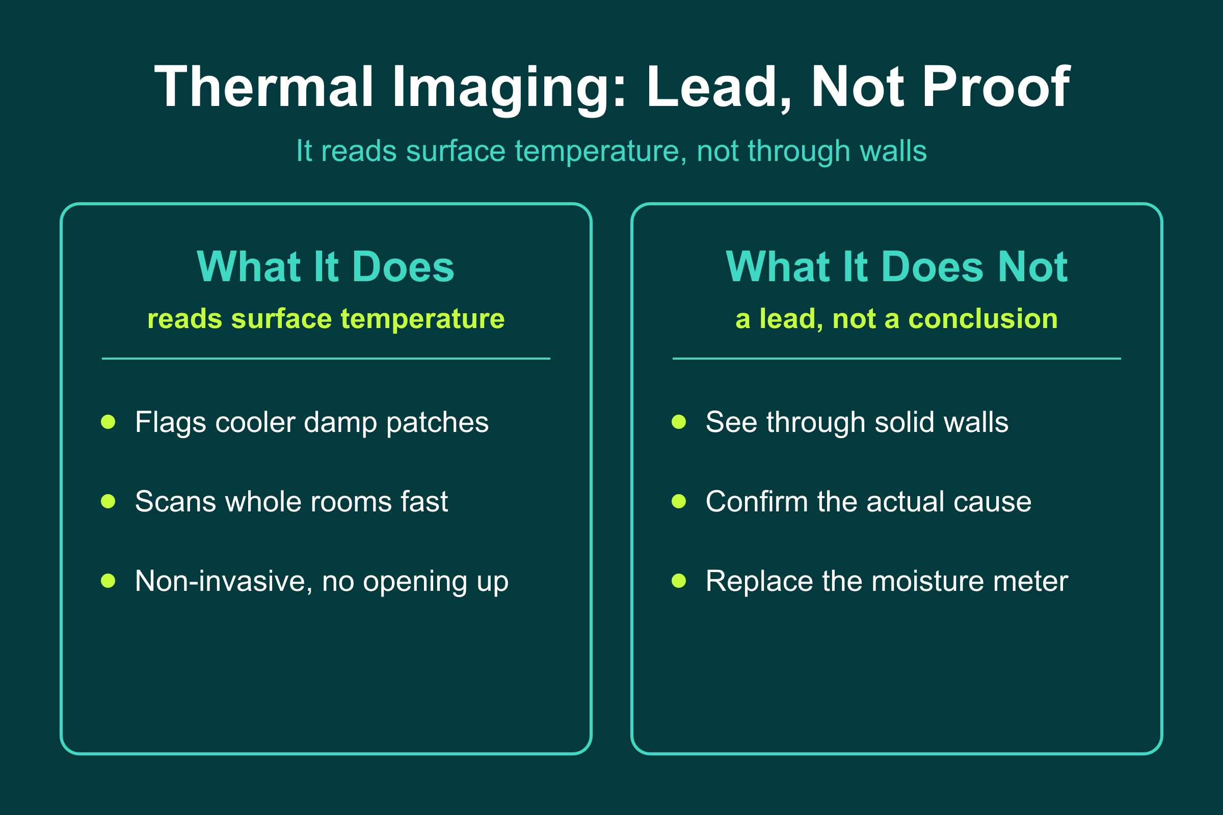 Thermal imaging reads surface temperature to flag cool damp areas, a lead for the moisture meter rather than proof of a leak