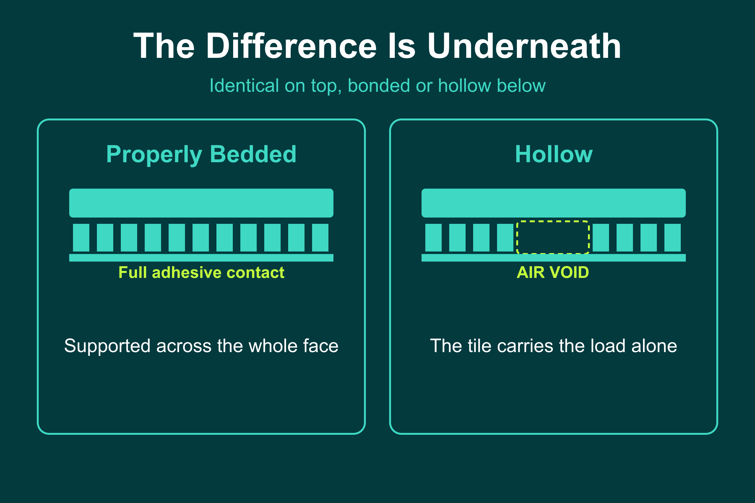 Why hollow tiles are invisible: a properly bedded tile versus a hollow tile with an air void beneath it